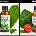 A split image showing misleading "eco-friendly" product packaging on one side with green leaves and nature imagery, contrasted with the reality of harmful chemicals and unsustainable practices on the other. Focus on the deception of greenwashing.