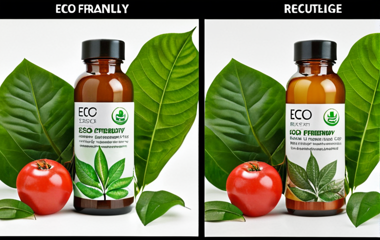 A split image showing misleading "eco-friendly" product packaging on one side with green leaves and nature imagery, contrasted with the reality of harmful chemicals and unsustainable practices on the other. Focus on the deception of greenwashing.