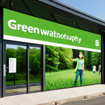 **Image:** A corporate office building partially obscured by a green mask, with advertising showing happy people and nature scenes. Subtle text overlaps the images saying “Greenwashing”.
