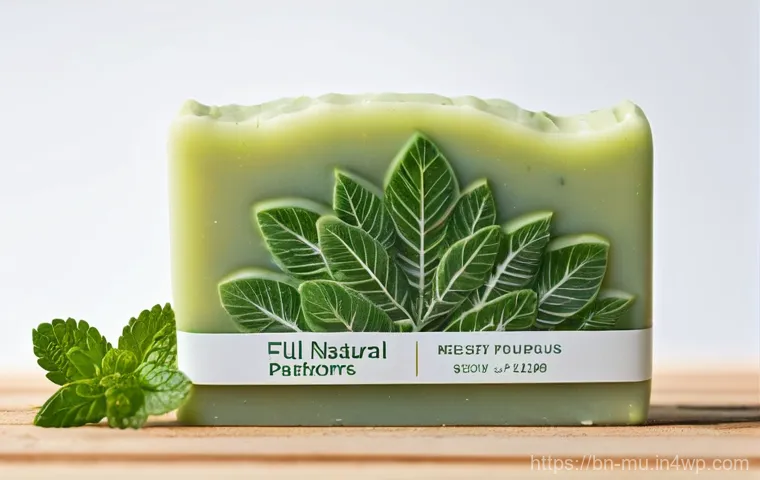 그린워싱 비판을 위한 커뮤니티 활동 - **Prompt:** A close-up shot of a soap bar prominently labeled "100% NATURAL" with decorative green l...