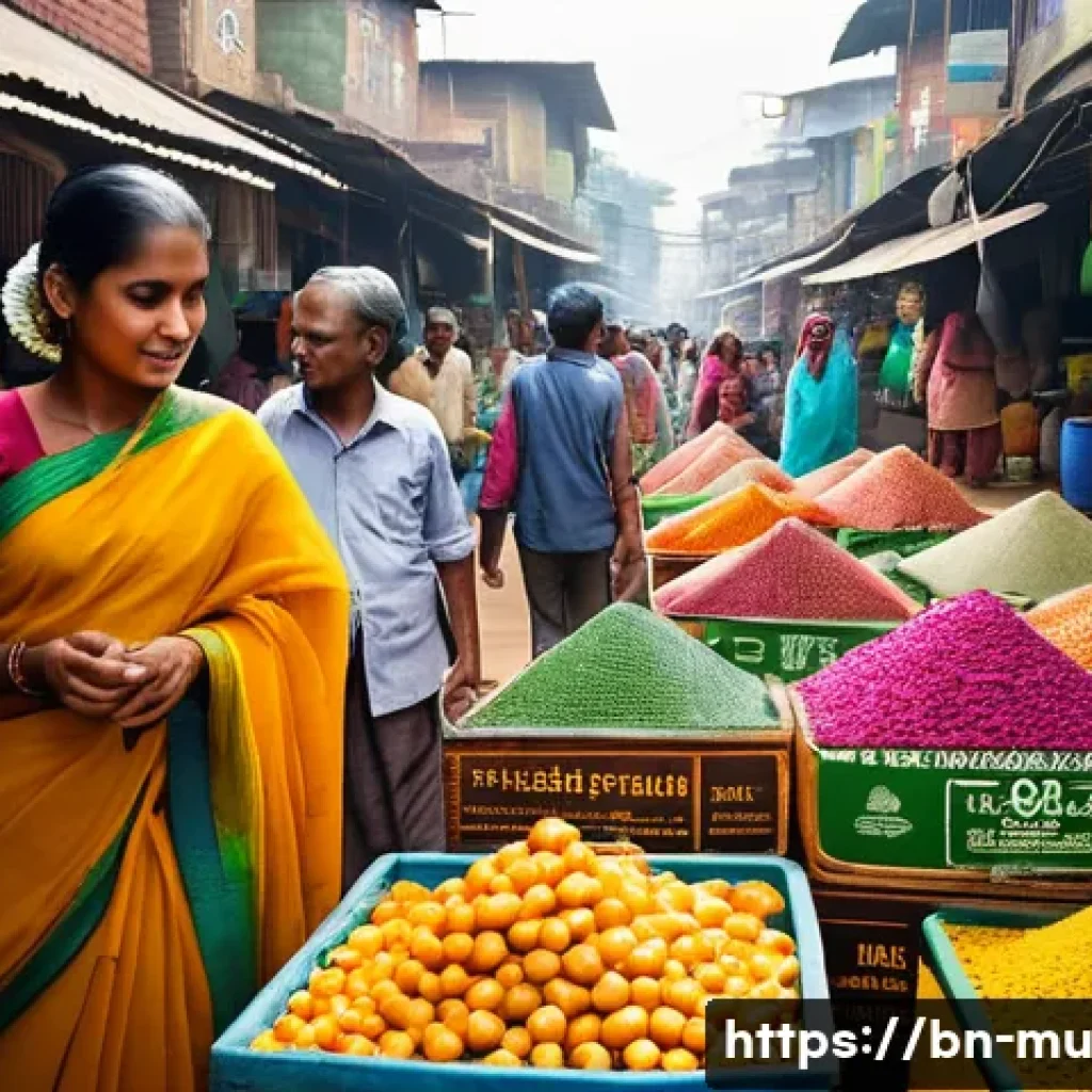 그린워싱과 윤리적 구매의 중요성 - A vibrant, detailed marketplace scene in Bangladesh featuring local artisans selling eco-friendly pr...