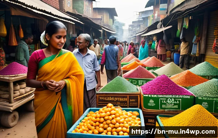 그린워싱과 윤리적 구매의 중요성 - A vibrant, detailed marketplace scene in Bangladesh featuring local artisans selling eco-friendly pr...