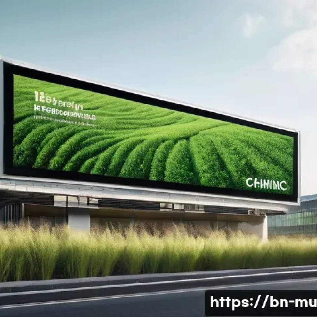 2023년 그린워싱 트렌드 - A detailed scene depicting a modern corporate office with a large digital billboard showcasing a gre...