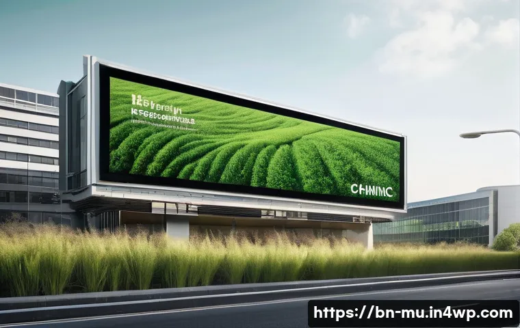 2023년 그린워싱 트렌드 - A detailed scene depicting a modern corporate office with a large digital billboard showcasing a gre...