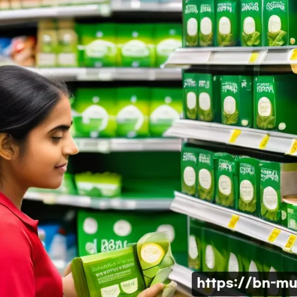 그린워싱과 기업 이미지 구축의 문제 - A detailed infographic-style image showing a Bengali consumer carefully examining product labels wit...