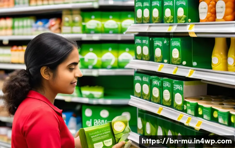 그린워싱과 기업 이미지 구축의 문제 - A detailed infographic-style image showing a Bengali consumer carefully examining product labels wit...