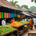 Home 21 그린워싱과 투명성의 중요성 - A detailed, vibrant market scene in Bangladesh showing a variety of eco-friendly products on colorfu...