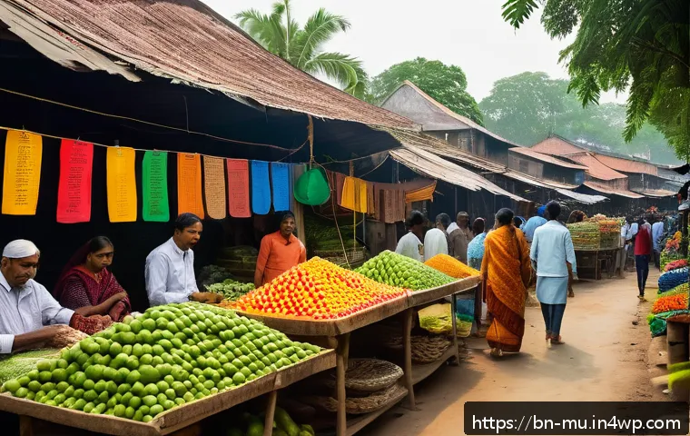 그린워싱과 투명성의 중요성 - A detailed, vibrant market scene in Bangladesh showing a variety of eco-friendly products on colorfu...