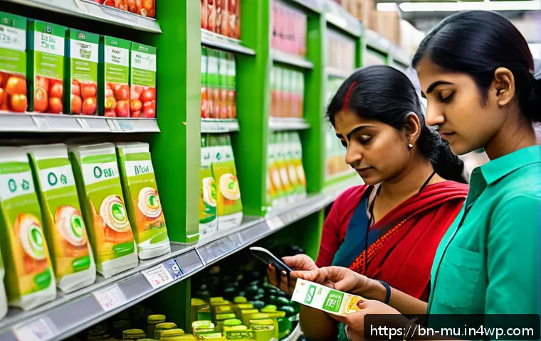 소비자들이 알아야 할 그린워싱의 형태 - A detailed scene showing a diverse group of Bengali consumers attentively examining product labels a...