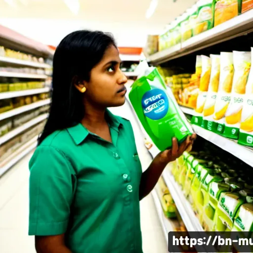 그린워싱과 고객 충성도의 감소 - Photorealistic modern Bangladeshi supermarket aisle, a disappointed Bengali woman holding a green-co...