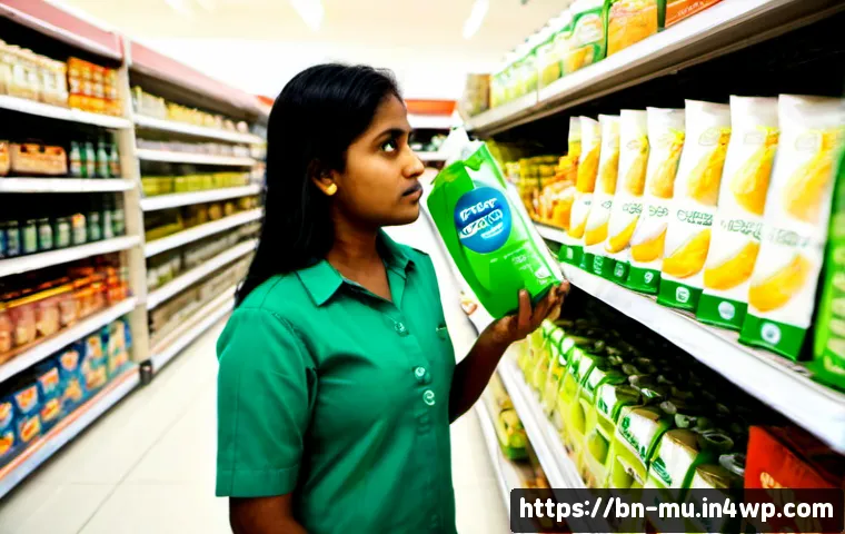 그린워싱과 고객 충성도의 감소 - Photorealistic modern Bangladeshi supermarket aisle, a disappointed Bengali woman holding a green-co...