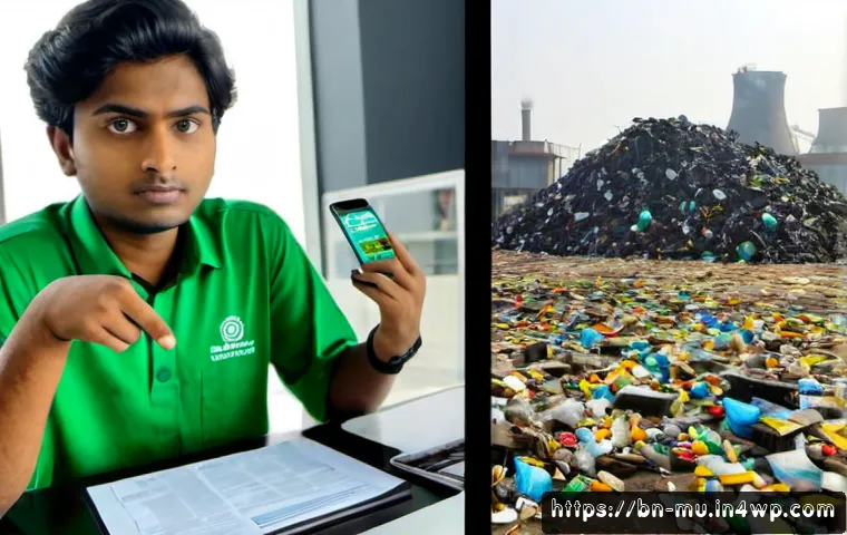 Home 17 소셜 미디어에서의 그린워싱 논란 - Photorealistic split-scene of a young Bangladeshi social media manager at a clean desk, holding a sm...